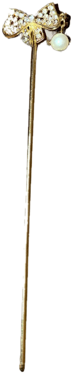 Crystal Butterfly Hair Stick — gold-tone stick with a crystal bow, butterfly and a pearl dangling from a fine chain